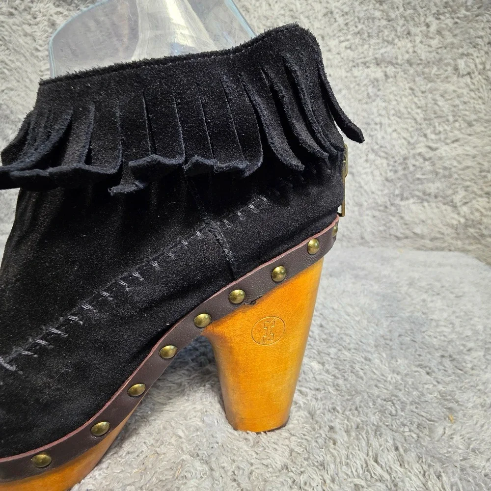 Flogg Moccasin Clog Booties Black Suede Fringe Studded Wood Heel Womens 7.5‎